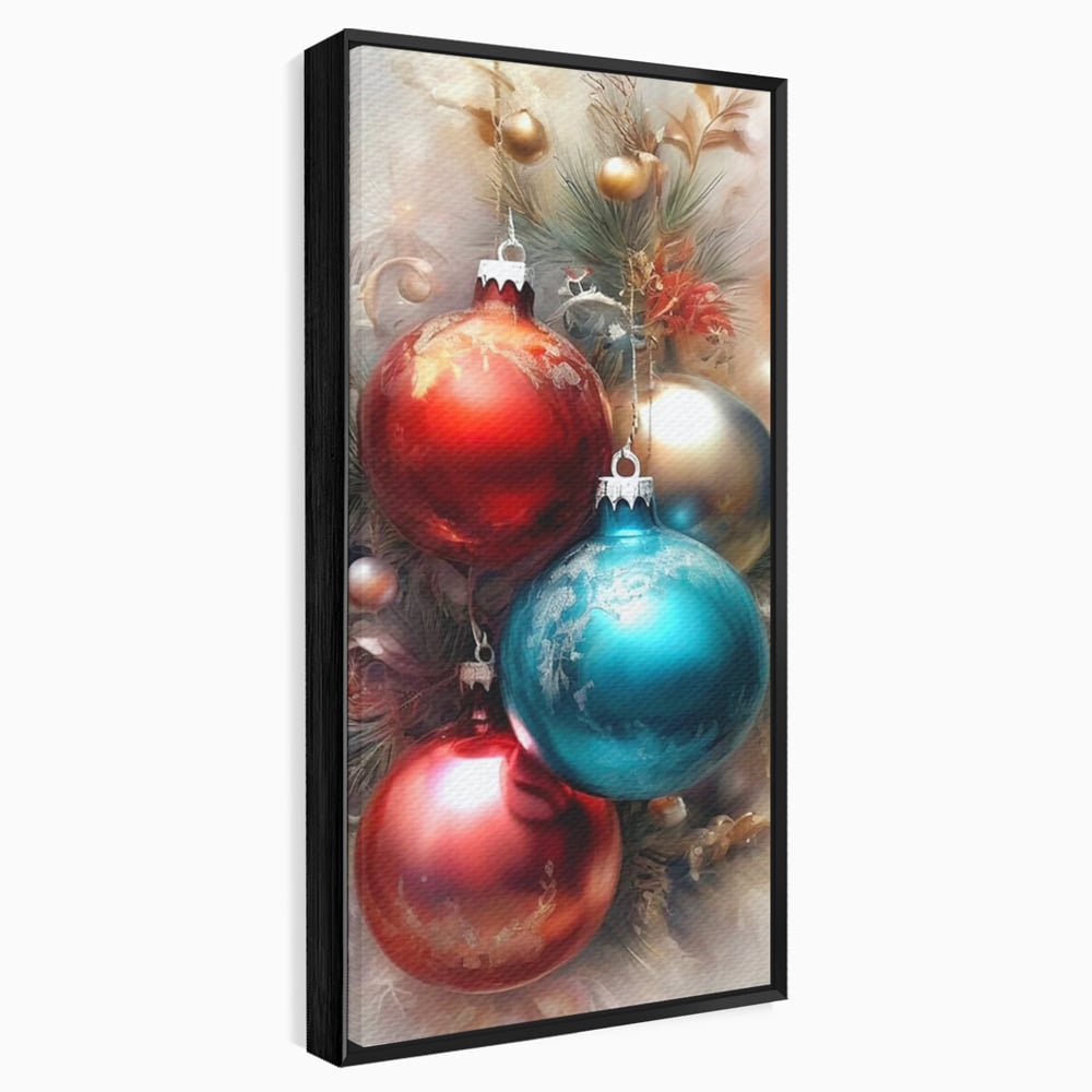 Tablou canvas cu tablou canvas cu globuri de craciun, in rama de aluminiu negru